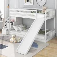Bunk Bed with Stairs and Slide, Solid Pine Wood Frame, Kids Storage Bed with 2 Drawers, 233x223x125 cm, White(m-4)