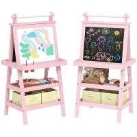 AIYAPLAY 3 in 1 Kids Easel Double-Sided Magnetic Whiteboard and Chalkboard with Paper Roll, Storage Baskets - Pink(m-1)
