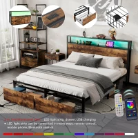 Metal Double Bed with LED Light Strip, 4 Drawers, and 3 USB Ports, Ideal for Home and Bedroom Furniture, 207.5x135x105 cm, Black + Dark Walnut(m-4)