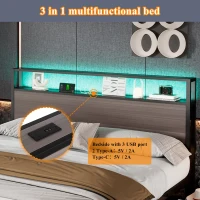 Metal Double Bed with LED Light Strip, 4 Drawers, and 3 USB Ports, , Ideal for Home and Bedroom Furniture, 207x135.5x105 cm, Gray(m-7)