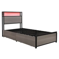 Metal Single Bed with LED Light Strip, 4 Drawers, and 3 USB Ports, Ideal for Home and Bedroom Furniture, 207x90.5x105 cm, Grey(m-2)