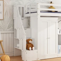 Bunk Bed with Wardrobe, Desk, Stairway Storage, Safety Rails, Pinewood Frame, Ideal Kids Storage and Bedroom Furniture, 230x94x160 cm, White(m-9)