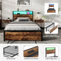 Single Metal Bed with LED Light Strip, Drawer, and USB Ports, Home and Furniture Bedroom Furniture, 207.5x90.5x105 cm, Black + Dark Walnut(m-4)