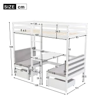 Functional Loft Bunk Bed with Desk and Storage, Twin Bedframe with Drawers and Cushions, Space-Saving Design, 196x101x168 cm, White(m-3)
