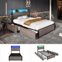 Metal Single Bed with LED Light Strip, 4 Drawers, and 3 USB Ports, Ideal for Home and Bedroom Furniture, 207x90.5x105 cm, Grey(m-6)