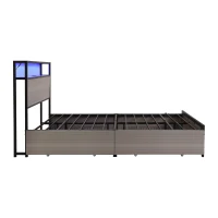 Metal Double Bed with LED Light Strip, 4 Drawers, and 3 USB Ports, , Ideal for Home and Bedroom Furniture, 207x135.5x105 cm, Gray(m-17)
