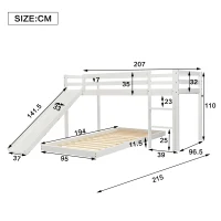 Children's Cabin Bunk Bed Frame with Slide & Ladder, Adjustable Lower Bed, Kids Storage, 207x215x110cm, White(m-3)
