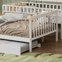 Bunk Bed with Stairs and Trundle, Solid Pine Wood Frame, Converts to Two Single Beds, Ideal for Guest Rooms and Kids' Storage, 213.3x108x159 cm, White(m-9)