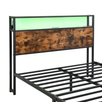 Metal Double Bed with LED Light Strip, 4 Drawers, and 3 USB Ports, Ideal for Home and Bedroom Furniture, 207.5x135x105 cm, Black + Dark Walnut(m-13)