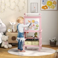 AIYAPLAY 3 in 1 Kids Easel Double-Sided Magnetic Whiteboard and Chalkboard with Paper Roll, Storage Baskets - Pink(m-2)