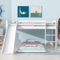 Children's Cabin Bunk Bed Frame with Slide & Ladder, Adjustable Lower Bed, Kids Storage, 207x215x110cm, White