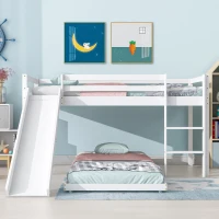 Children's Cabin Bunk Bed Frame with Slide & Ladder, Adjustable Lower Bed, Kids Storage, 207x215x110cm, White(m-1)