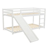 Children's Cabin Bunk Bed Frame with Slide & Ladder, Adjustable Lower Bed, Kids Storage, 207x215x110cm, White(m-2)