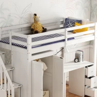 Bunk Bed with Wardrobe, Desk, Stairway Storage, Safety Rails, Pinewood Frame, Ideal Kids Storage and Bedroom Furniture, 230x94x160 cm, White(m-8)