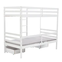 Functional Loft Bunk Bed with Desk and Storage, Twin Bedframe with Drawers and Cushions, Space-Saving Design, 196x101x168 cm, White(m-16)