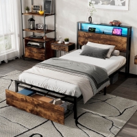 Single Metal Bed with LED Light Strip, Drawer, and USB Ports, Home and Furniture Bedroom Furniture, 207.5x90.5x105 cm, Black + Dark Walnut