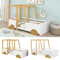 Children's Jeep Bed with MDF Wheels and Pine Frame, Kids SUV Ride On Car Style, 197x95x124 cm, White(m-4)