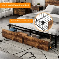 Metal Double Bed with LED Light Strip, 4 Drawers, and 3 USB Ports, Ideal for Home and Bedroom Furniture, 207.5x135x105 cm, Black + Dark Walnut(m-8)