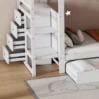 Triple Bunk Bed, Solid Pine Wood Frame with Ladder and Four Drawers, Space-Saving Design, 247x95x48.5 cm, White(m-8)
