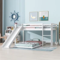 Children's Cabin Bunk Bed Frame with Slide & Ladder, Adjustable Lower Bed, Kids Storage, 207x215x110cm, White(m-4)