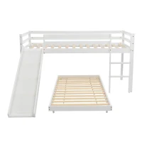 Children's Cabin Bunk Bed Frame with Slide & Ladder, Adjustable Lower Bed, Kids Storage, 207x215x110cm, White(m-11)