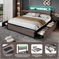 Metal Double Bed with LED Light Strip, 4 Drawers, and 3 USB Ports, , Ideal for Home and Bedroom Furniture, 207x135.5x105 cm, Gray(m-4)
