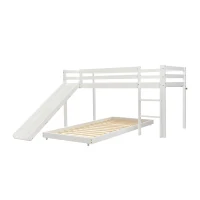Children's Cabin Bunk Bed Frame with Slide & Ladder, Adjustable Lower Bed, Kids Storage, 207x215x110cm, White(m-14)