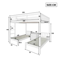 Triple Bunk Beds with Side Ladder, Safety Rails, Pine Frame, 205x146.5x165 cm, White(m-3)