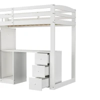 Bunk Bed with Wardrobe, Desk, Stairway Storage, Safety Rails, Pinewood Frame, Ideal Kids Storage and Bedroom Furniture, 230x94x160 cm, White(m-12)