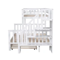 Bunk Bed with Stairs and Trundle, Solid Pine Wood Frame, Converts to Two Single Beds, Ideal for Guest Rooms and Kids' Storage, 213.3x108x159 cm, White(m-14)