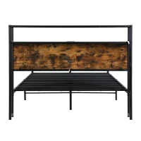 Metal Double Bed with LED Light Strip, 4 Drawers, and 3 USB Ports, Ideal for Home and Bedroom Furniture, 207.5x135x105 cm, Black + Dark Walnut(m-18)