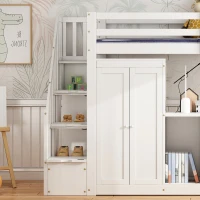 Bunk Bed with Wardrobe, Desk, Stairway Storage, Safety Rails, Pinewood Frame, Ideal Kids Storage and Bedroom Furniture, 230x94x160 cm, White(m-10)