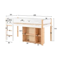 Loft Bed Children Single Sofa Bed Mid Sleeper with Movable Cabinet and Storage, 3FT Bed 200x101x100 cm, White(m-3)