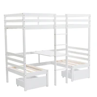 Functional Loft Bunk Bed with Desk and Storage, Twin Bedframe with Drawers and Cushions, Space-Saving Design, 196x101x168 cm, White(m-2)