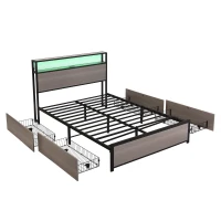 Metal Double Bed with LED Light Strip, 4 Drawers, and 3 USB Ports, , Ideal for Home and Bedroom Furniture, 207x135.5x105 cm, Gray(m-16)
