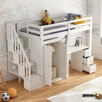 Bunk Bed with Wardrobe, Desk, Stairway Storage, Safety Rails, Pinewood Frame, Ideal Kids Storage and Bedroom Furniture, 230x94x160 cm, White(m-6)