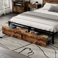 Metal Double Bed with LED Light Strip, 4 Drawers, and 3 USB Ports, Ideal for Home and Bedroom Furniture, 207.5x135x105 cm, Black + Dark Walnut(m-12)