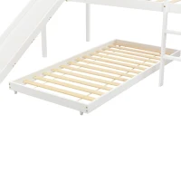 Children's Cabin Bunk Bed Frame with Slide & Ladder, Adjustable Lower Bed, Kids Storage, 207x215x110cm, White(m-9)