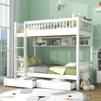 Bunk Bed for Kids, Solid Pine Wood Frame with Under Bed Drawer Storage and Shelves, Ideal for Kids Storage, 198x99.5x152 cm, White(m-1)