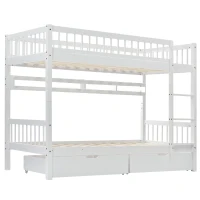 Bunk Bed for Kids, Solid Pine Wood Frame with Under Bed Drawer Storage and Shelves, Ideal for Kids Storage, 198x99.5x152 cm, White(m-2)