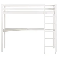 Single 3FT Loft Bed Frame with Desk, High Sleeper Bunk Bed for Children, Solid Pine Wood, 198x97x172 cm, White(m-12)