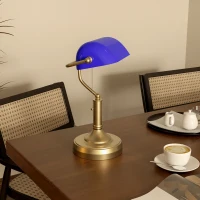 HOMCOM Banker's Desk Lamp with Antique Bronze Tone Base, Table Lamp with Blue Glass Shade for Home Office, Blue(m-9)