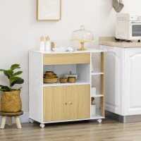 HOMCOM Carucior de bucatarie din PAL cu 4 rafturi deschise, un sertar si un dulap cu 2 usi, 80x39x85,5 cm, alb si stejar(m-10)