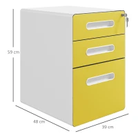 Vinsetto 3 Drawer Filing Cabinet, Steel Lockable File Cabinet with Lock and Wheels, for A4, Letter, Legal Sized Files, Yellow(m-3)