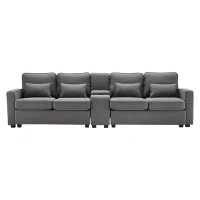 Modernes 3-Sitzer Sofa aus Leinenstoff mit Konsole, 2 Becherhaltern, 2 USB-Anschlüssen, Taschen an den Armlehnen und 4 Kissen, Dunkelgrau(m-12)