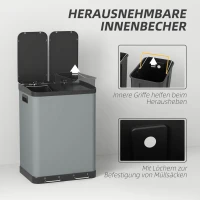 HOMCOM Dubbele Sector Prullenbak, 2 x 30L, Vingerafdrukbestendig, Pedaal, Uitneembare Binnenemmers, Grijs(m-5)