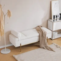 Gepolsterte Sitzbank mit Metallfüßen und Kopfstütze, Sitztruhe aus Teddy-Plüsch, Multifunktional mit Stauraum, 140x52x47 cm, Weiß(m-1)