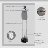 HOMCOM Ferro de Engomar a Vapor 1800W Temperatura Ajustável 11 Níveis Depósito de 2 L Aquecimento em 38s 35x25x47-118,5 cm Preto(m-8)