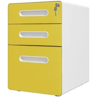 Vinsetto 3 Drawer Filing Cabinet, Steel Lockable File Cabinet with Lock and Wheels, for A4, Letter, Legal Sized Files, Yellow(m-11)