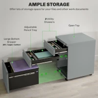 Vinsetto 3 Drawer Filling Cabinet, Mobile Metal File Cabinet with Anti-tilt Design for Letter, A4, Legal Size, Grey(m-4)